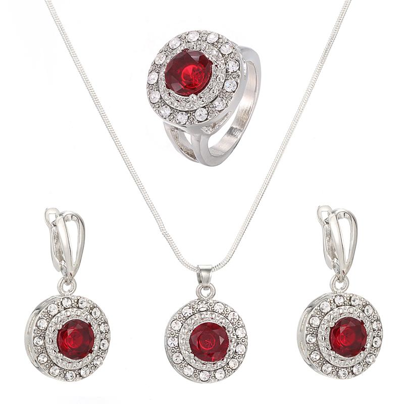 Mode runden roten Kristall Strass Silber Farbe Ehering Ohrring Halskette Set