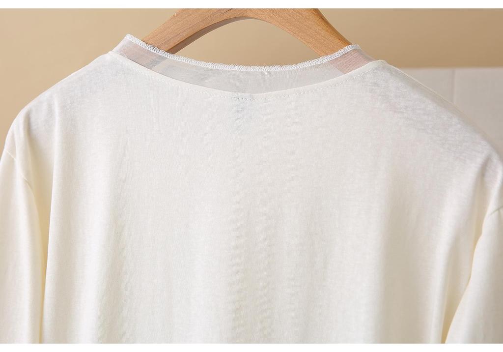 2026 Spring Plus Size Women's Mesh Splicing Long Sleeve Round Neck Base Layer Top for Chubby Girls