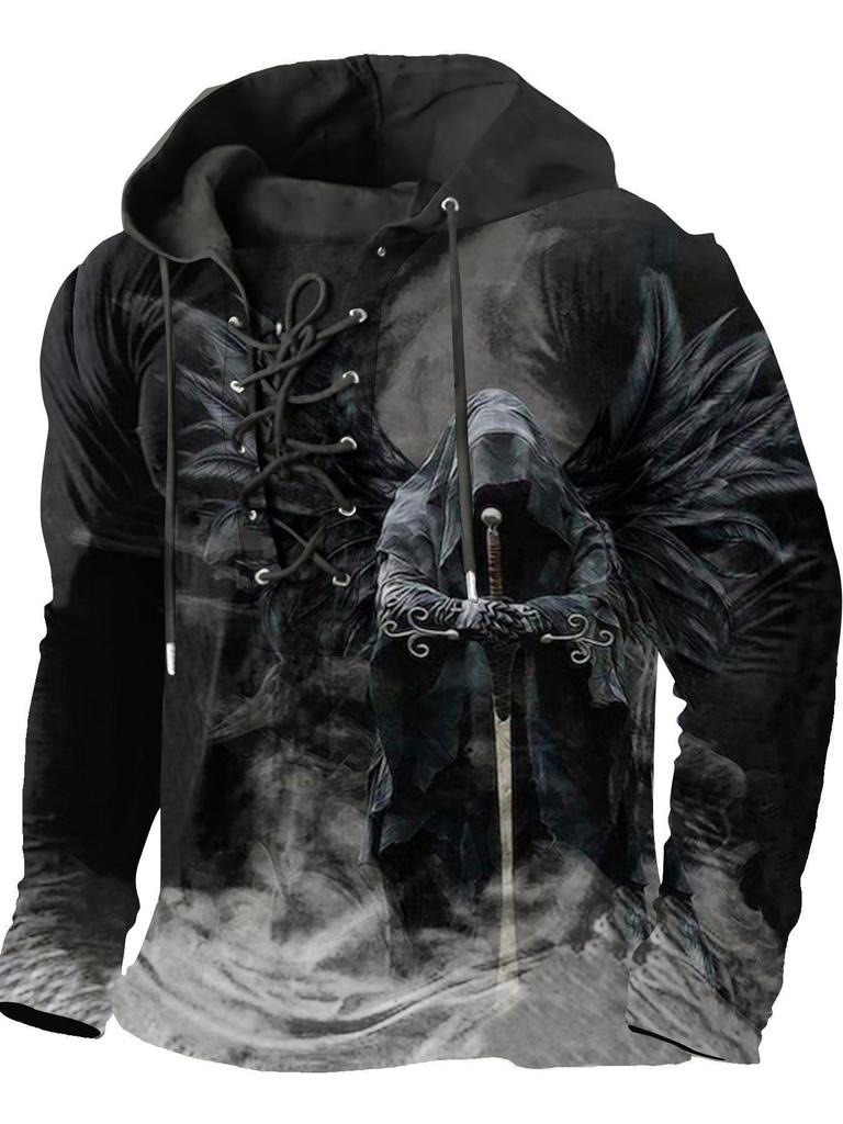 Size Men's Outdoor Retro Lace-up Long-sleeved Hoodie Autumn and Winter Casual Lace-up Sweatshirt For