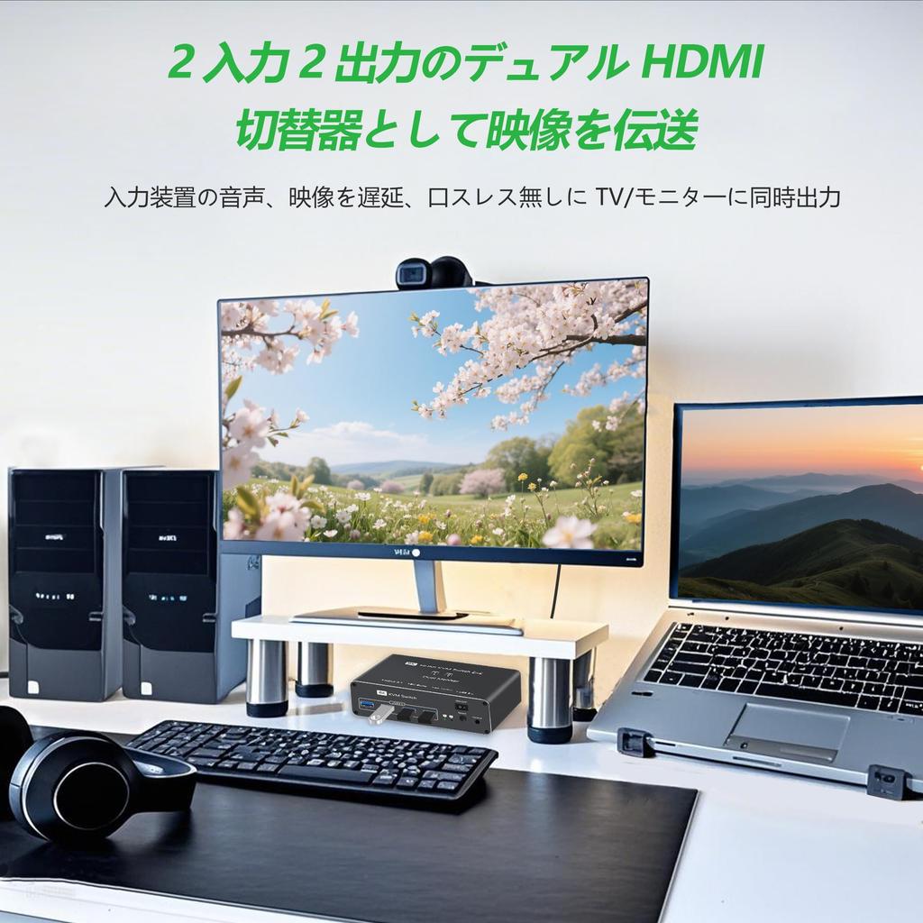 Dual HDMI KVM Switcher KVM Switch 4K 144Hz 2 Monitor Display Switcher 2 Inputs 2 Outputs Share 2 Screens with 2 PCs Share USB 2 Inputs 4 Outputs