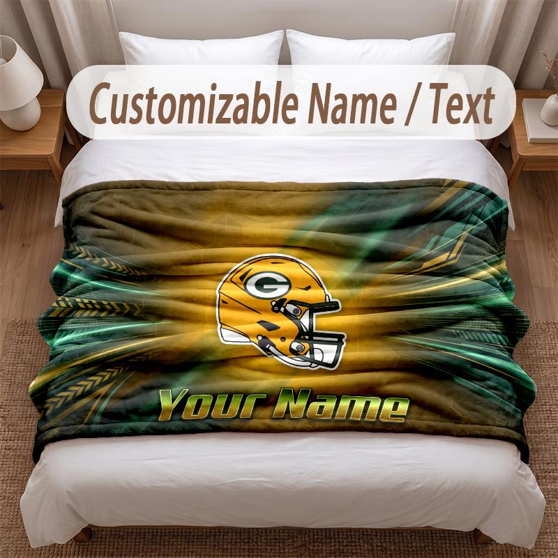 Green Bay Packers Printed Flannel Blanket Custom Name Text Soft Warm Throw For Bedroom Holiday Gift