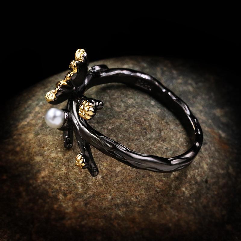 Silver Exquisite Daisy Flower Rings for Women Retro Wedding Black Gold Baroque Pearl Branches Vintage Ring Jewelry Gift