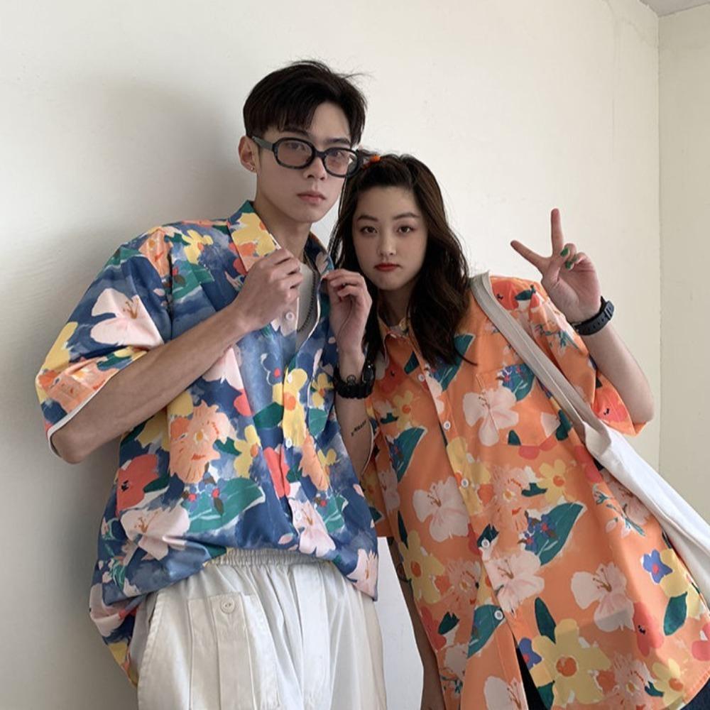 

V-neck Unisex Floral Shirts Loose Sweet Girls Shirts All Match Beach Flower Blouse Vacation L червоний