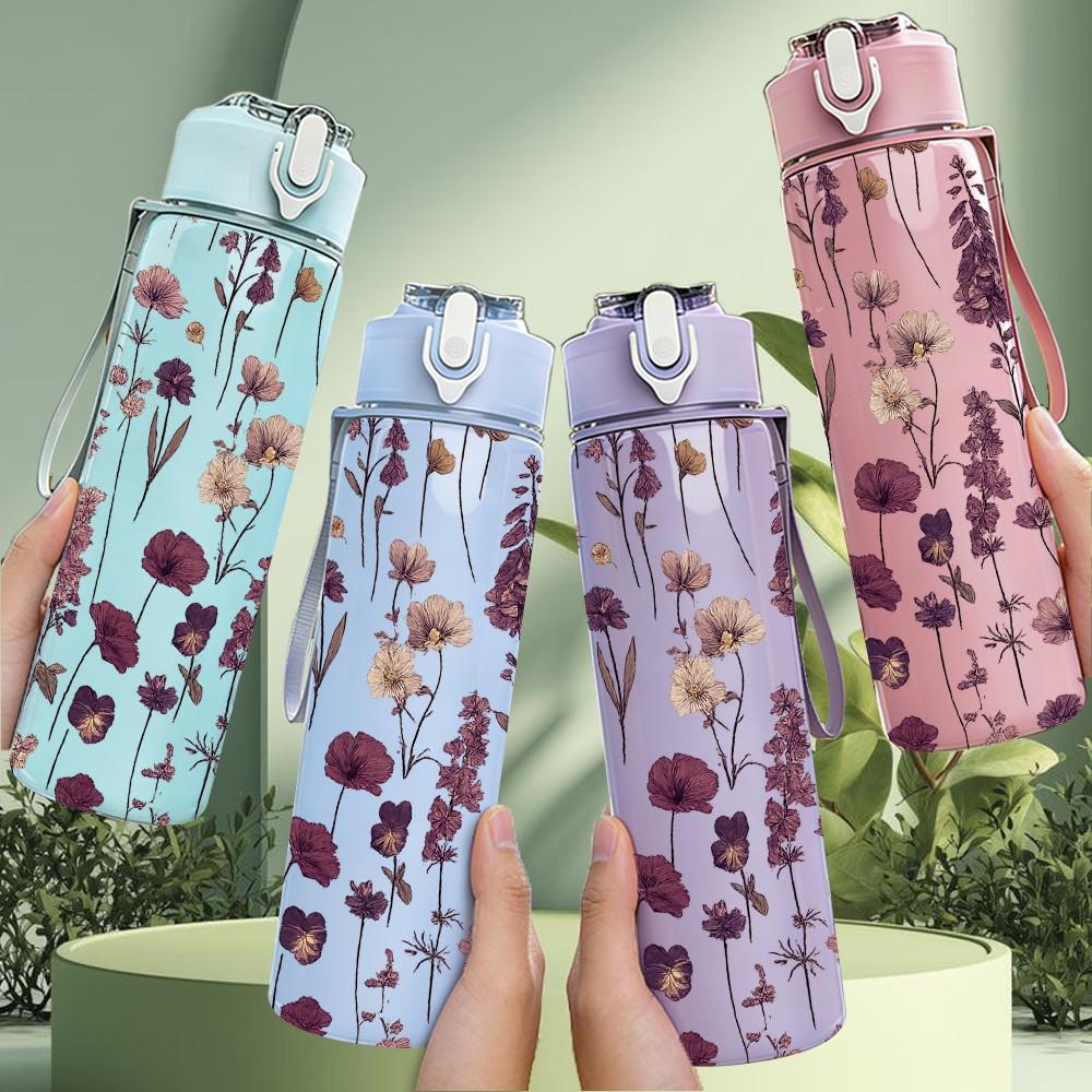 1PC Purple Lavender Floral Bouquet Print 750ml Color Plastic Sports Water Bottle Leakproof Flip Straw Lid Suitable for Sports Office Home Use