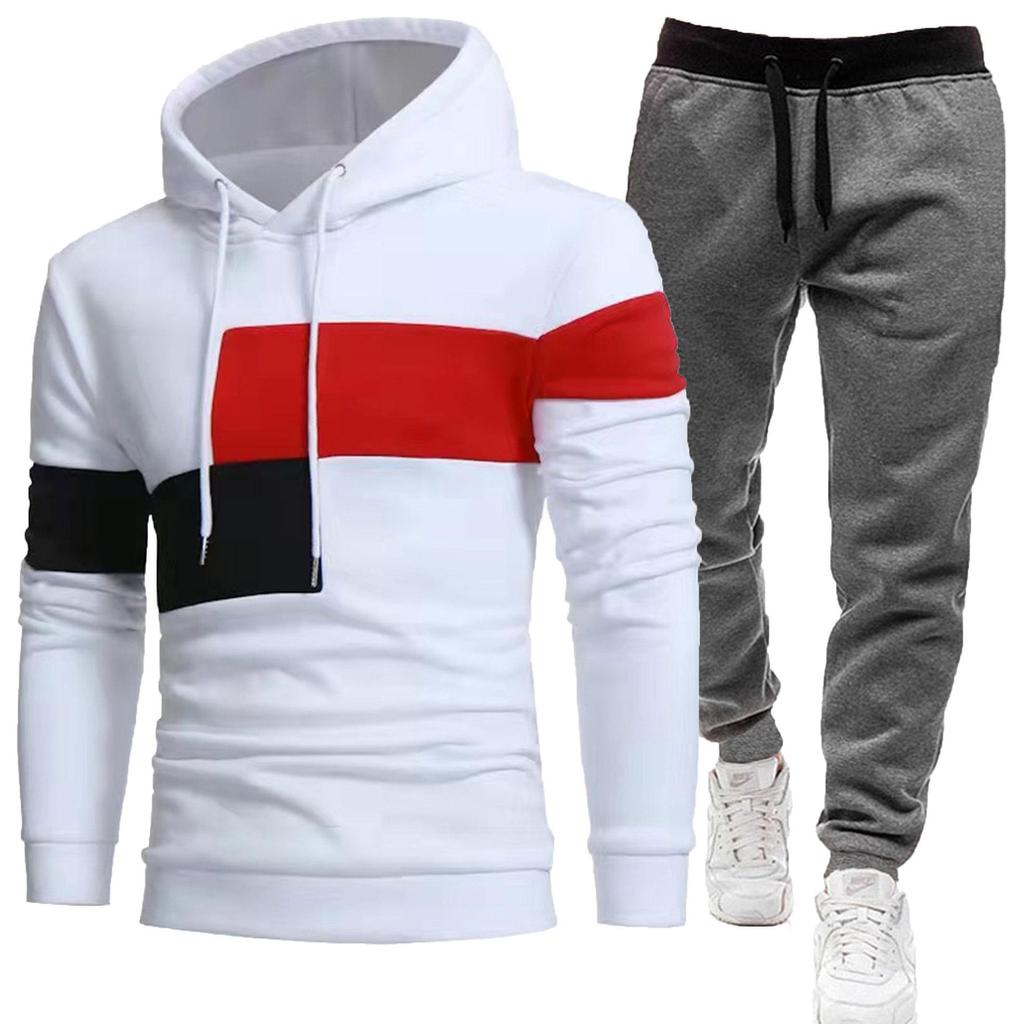 2024 Men's 3-Piece Fleece-Lined Patchwork Hoodie Sportswear Set