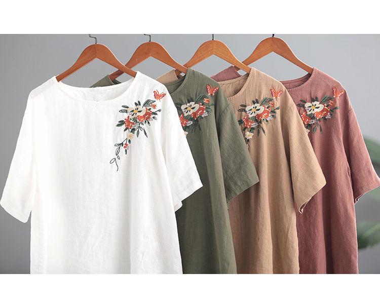 Women's Retro Korean Style Plus Size Embroidered Cotton Linen T-Shirt
