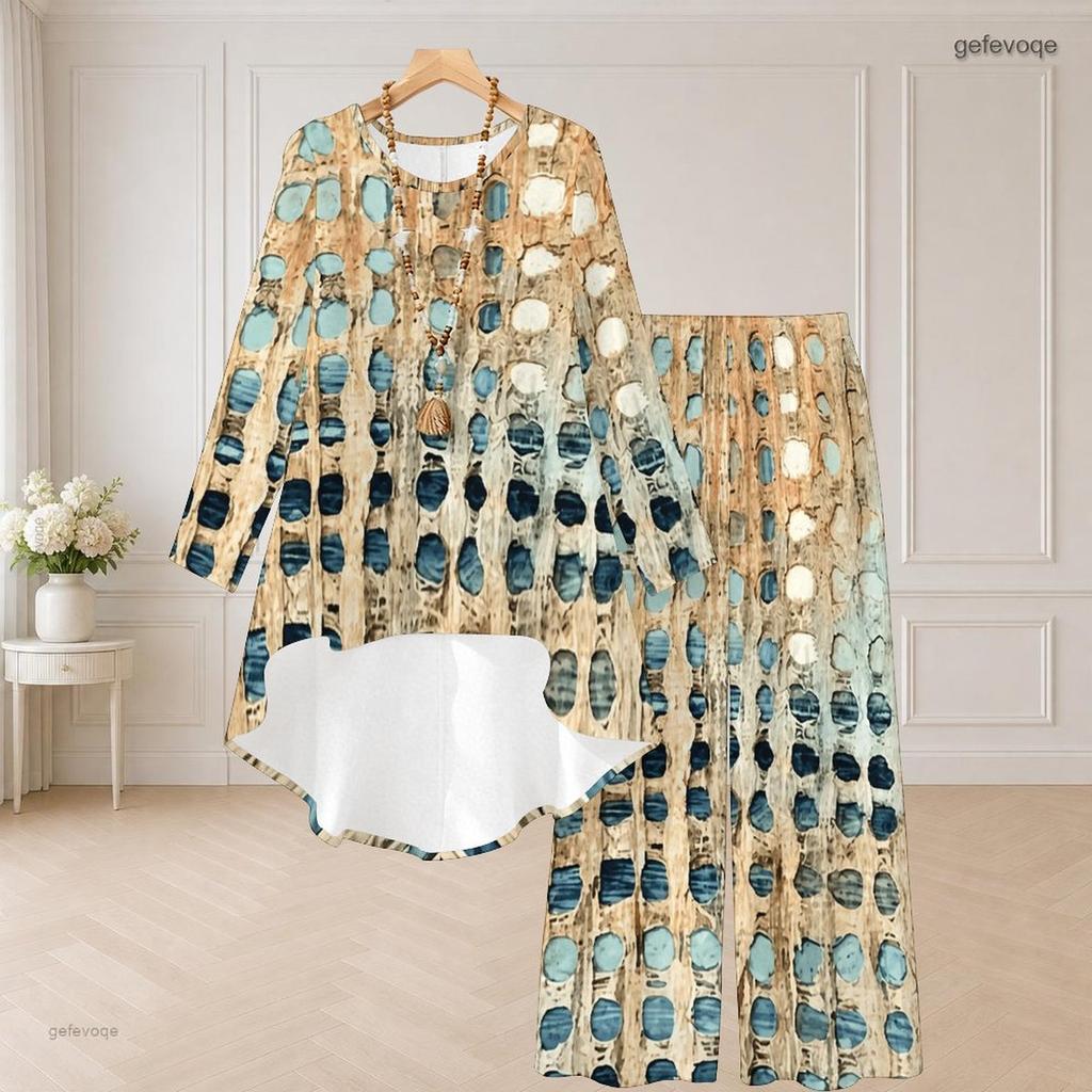 Women Plus Size Printed Round Neck Long Sleeve High Low Top Wide Leg Pants Two Piece Set