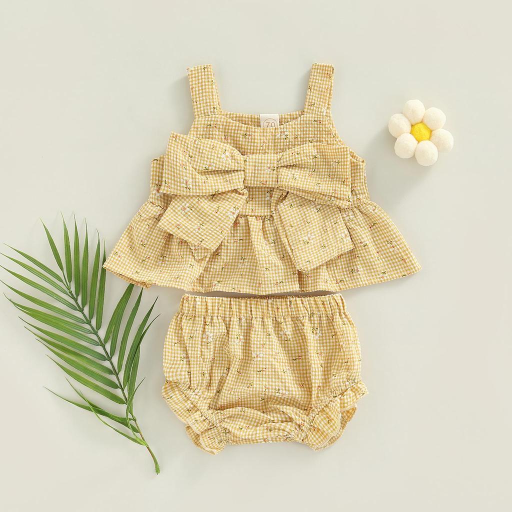 Tvådelat uppsättning för spädbarn för spädbarn, ärmlösa blommiga plädmönster med rosettdekor Camisole elastiska midjeshorts