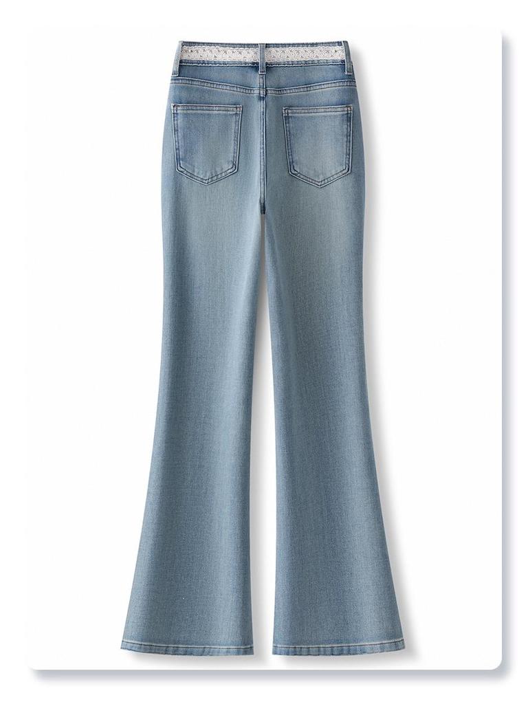 Women's High-Waist Light Color Flare Jeans with Lace Stitching - 2025 Spring/Summer Trend