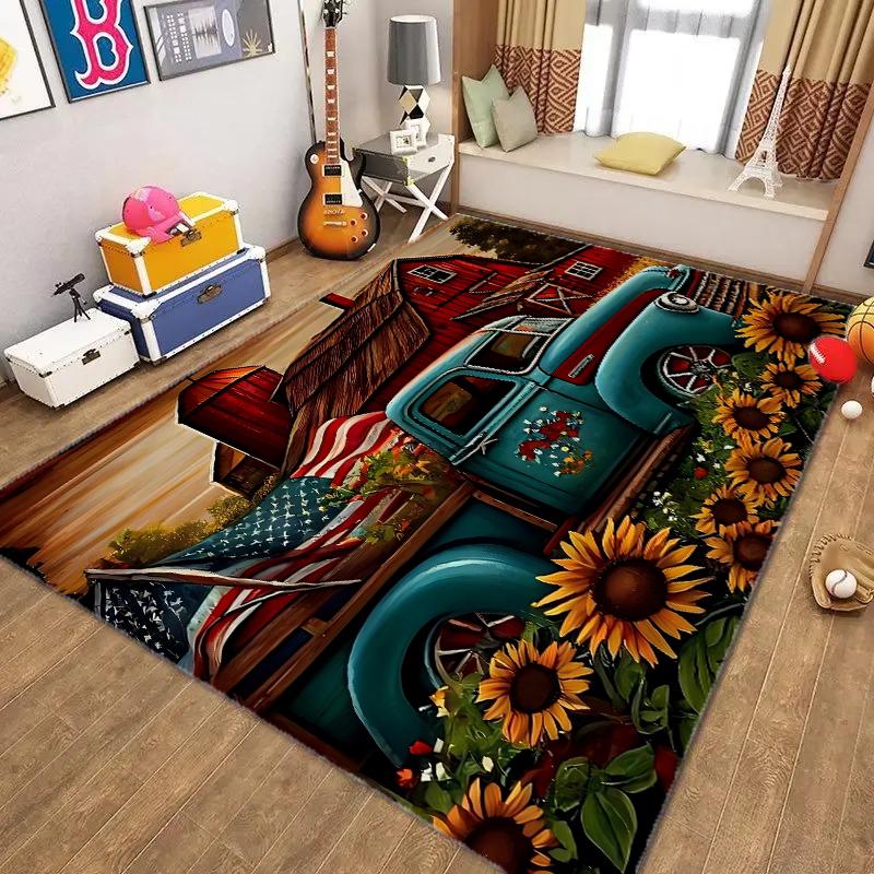 Bunter Bauernhof-LKW mit Sonnenblumen-Teppich, Flanellteppiche für Zuhause, Wohnzimmer, Küche, Schlafzimmer, Dekoration, rutschfeste Bodenmatte