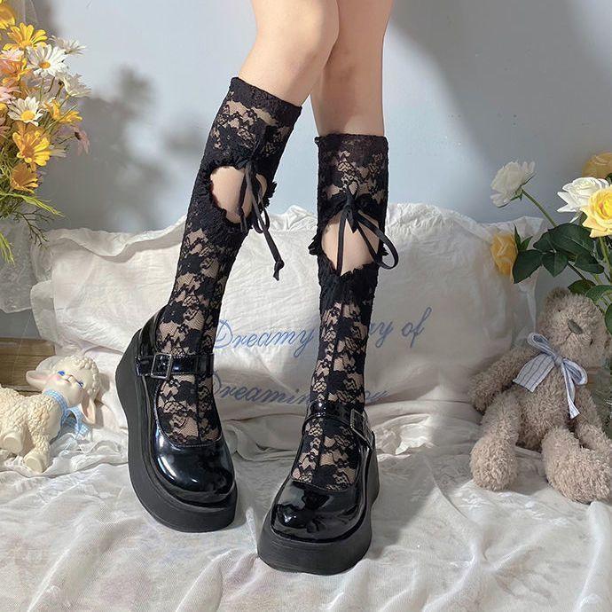 Summer Mid-Calf Calf Socks | Bowknot Black Lace JK Socks with Ripped Heart Design - Cute Thin Style for Women