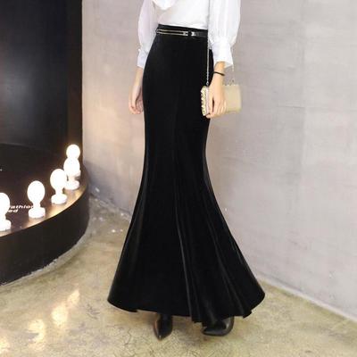 2025 Gold Velvet Fishtail Ruffle Long A-line Bodycon Skirt for Autumn/Winter