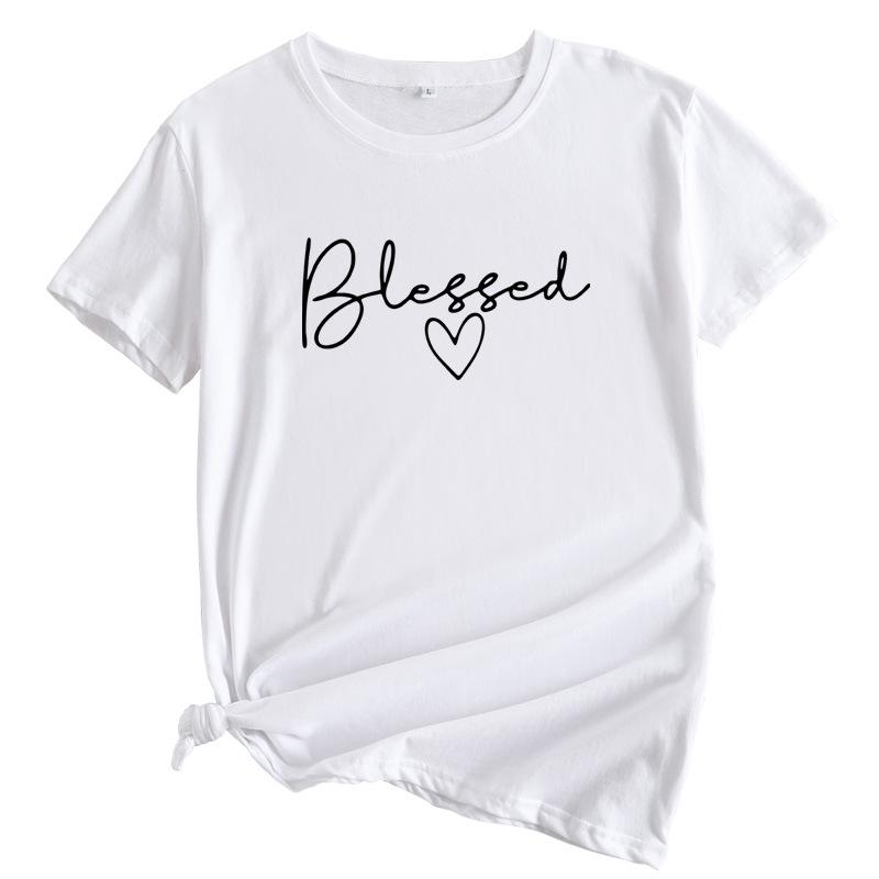 Summer Round Neck Letter Blessed Printed Top Fashionable Casual Short Sleeved Women's Pure Cotton T-shirts