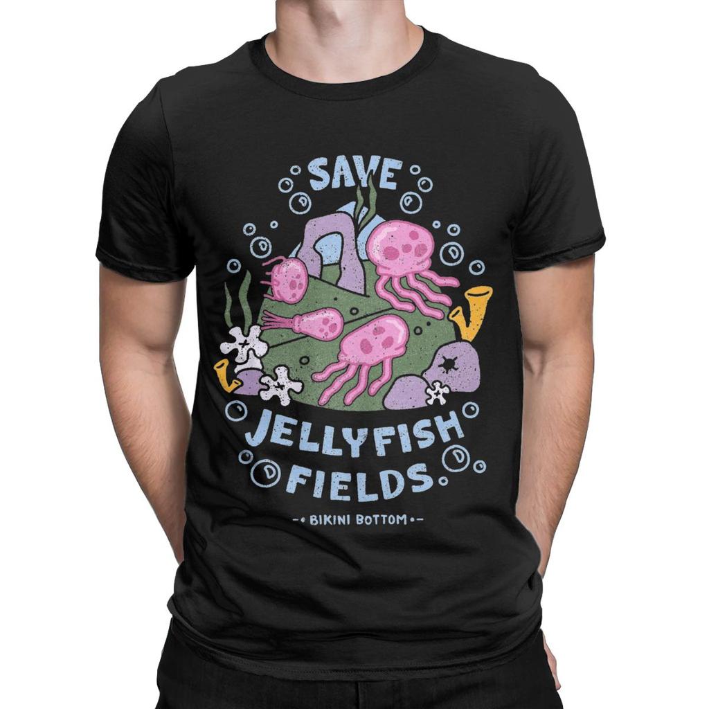 SpongeBobed Save Jellyfish Fields Bikini Bottom T-Shirts for Men Pure Cotton Tee Shirt Short Sleeve T Shirts Summer Clothes