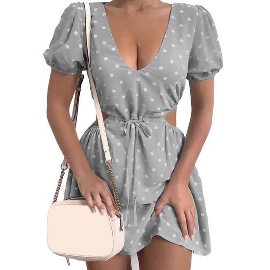 Soft Women Dot Print Dress Polka Waist Hollow Dress for Dating