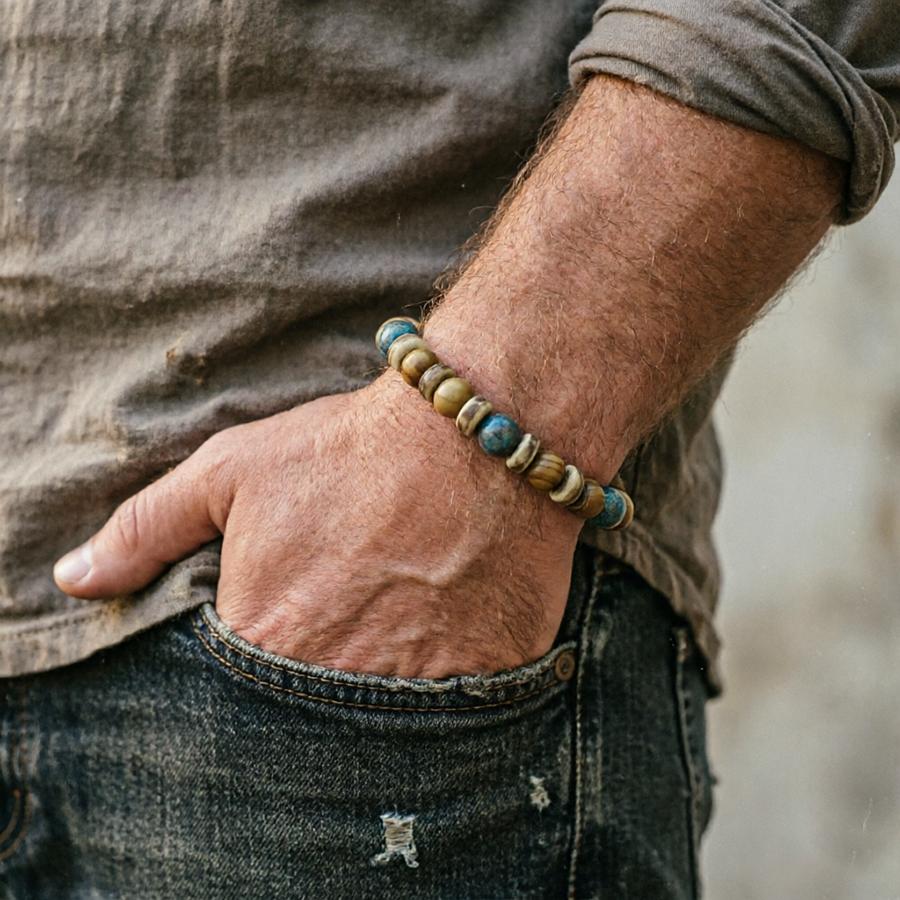 Handmade Natural Wood Bead Bracelet For Men Blue Imperial Stone Stretch Braclet Bohemian Yoga Healing Jewelry Accessories Joias