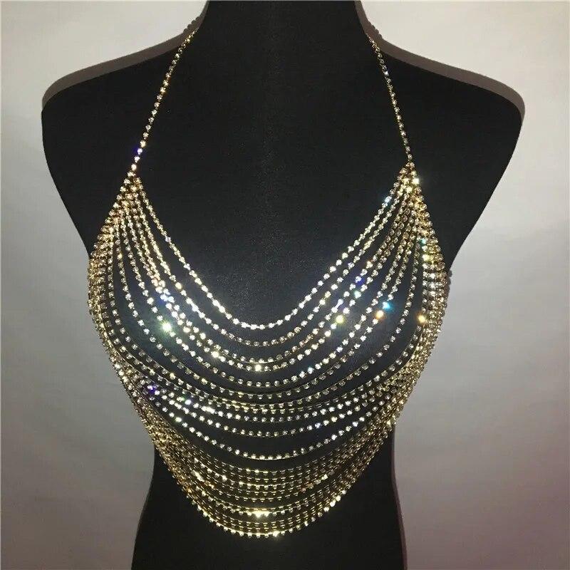 

Rhinestone Top luxury full stone tassel sexy body chain bra harness underwear bikini Stage Show party dance costume