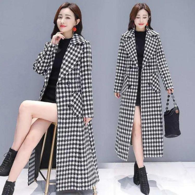Houndstooth Plaid Woolen Coat for Women Mid Length Slim Fit Winter Warm Coat