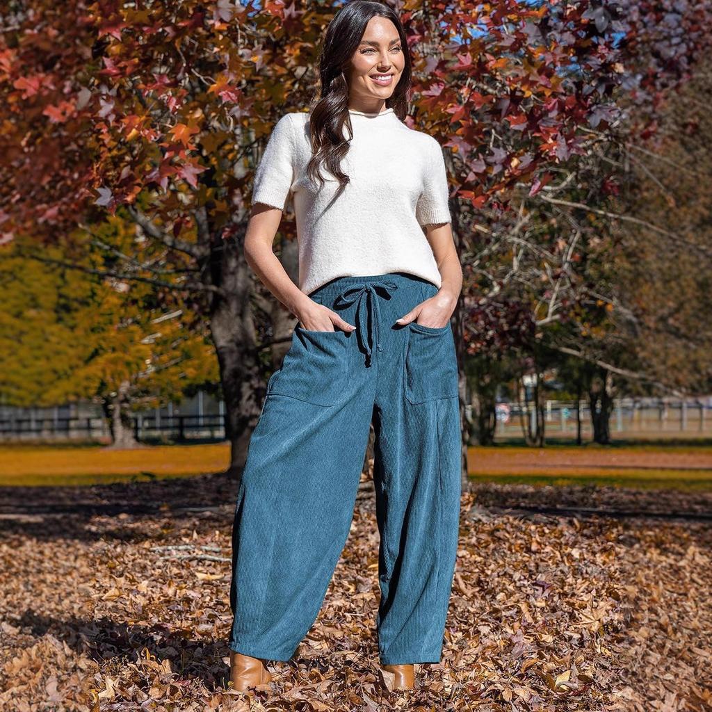Women Corduroy Pants High Waist Drawstring Pocket Wide Leg Pants Casual Loose Fit Long Trousers Solid Color