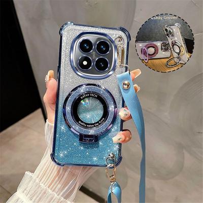 Pouzdro s třpytivým stojánkem a šňůrkou přes tělo pro Xiaomi Redmi 14C Note 14 15 Pro Plus 15 15C 14S 4G 5G Pokovený nárazuvzdorný kryt