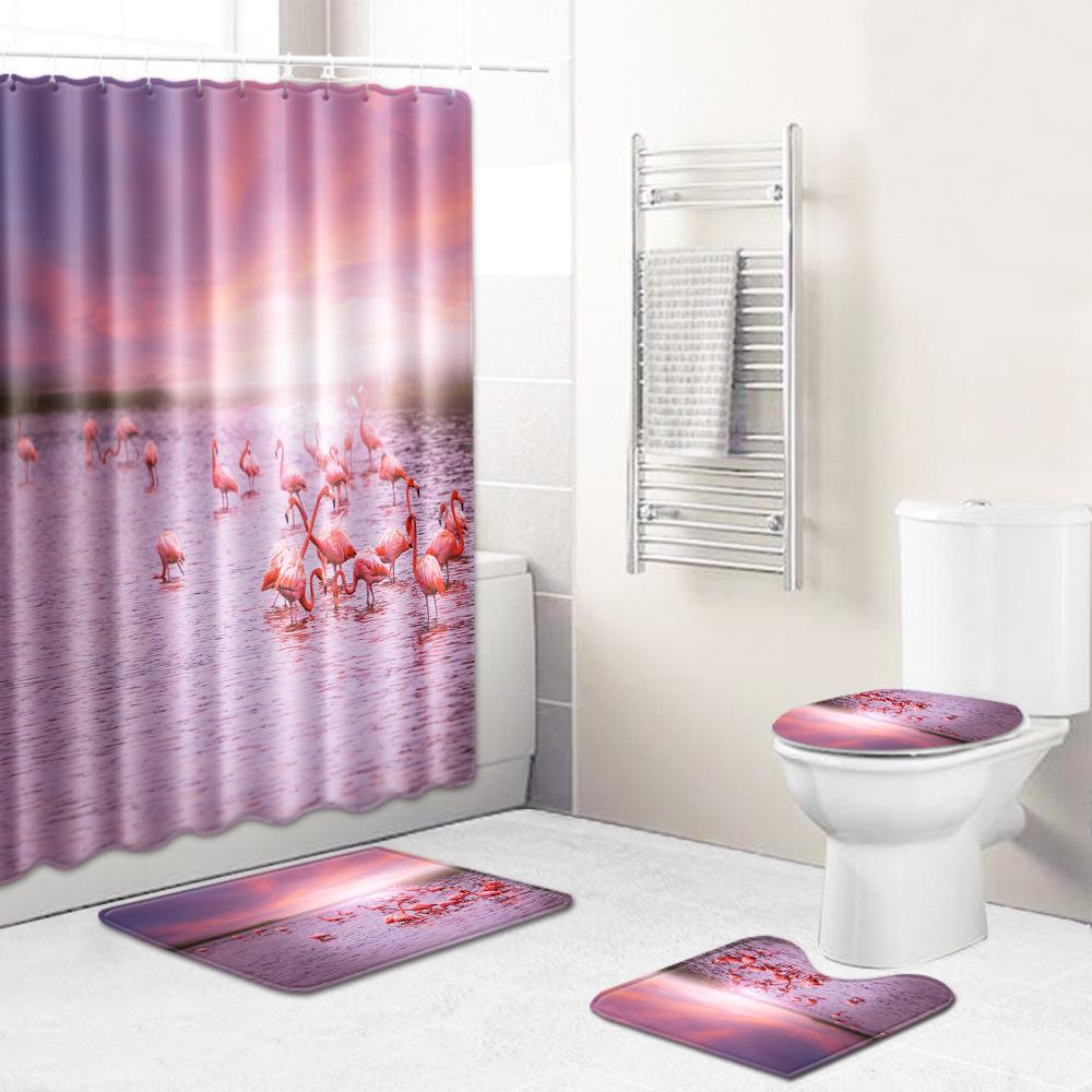 

Коврик для двери Фламинго Ванная комната Нескользящий коврик для пола Комбинация ковра и шторки для душа Европейский и американский стиль Взрывная женщина Shower curtain + 45 * 75 three-piece set