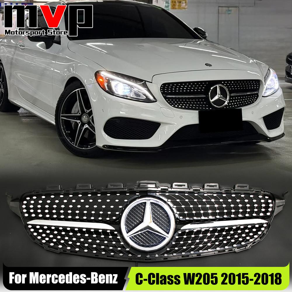 FCM5 Chrome Black Diamonds Style Bumper Grille With Illuminated LED OE Style Star Emblem For Mercedes Benz C-Class W205 2015-18 C350
