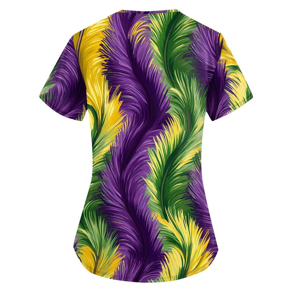 Moda damska Odzież robocza z dekoltem w serek i krótkimi rękawami z kieszeniami Topy z nadrukiem