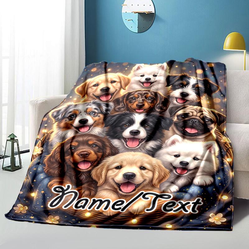 1PC Custom Name Puppy Basket Night flannel blanket versatile,all-season throw suitable for the living room,bedroom,camping,travel,and gift