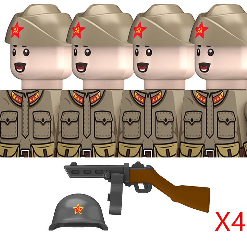 Non-Toxic Military Ww2 Soviet M35 Uniform Figures Building Blocks Russia Army Infantry Boat Hat Steel Helmet Pps Weapons Bricks Toys Kids