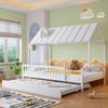 Cama Casa com Cama Auxiliar, Teto com Acabamento de Chaminé, Cama Infantil, Cama para Jovens, com Grade de Proteção em 3 Lados, Pinus+MDF, Branco, 120x200/190cm