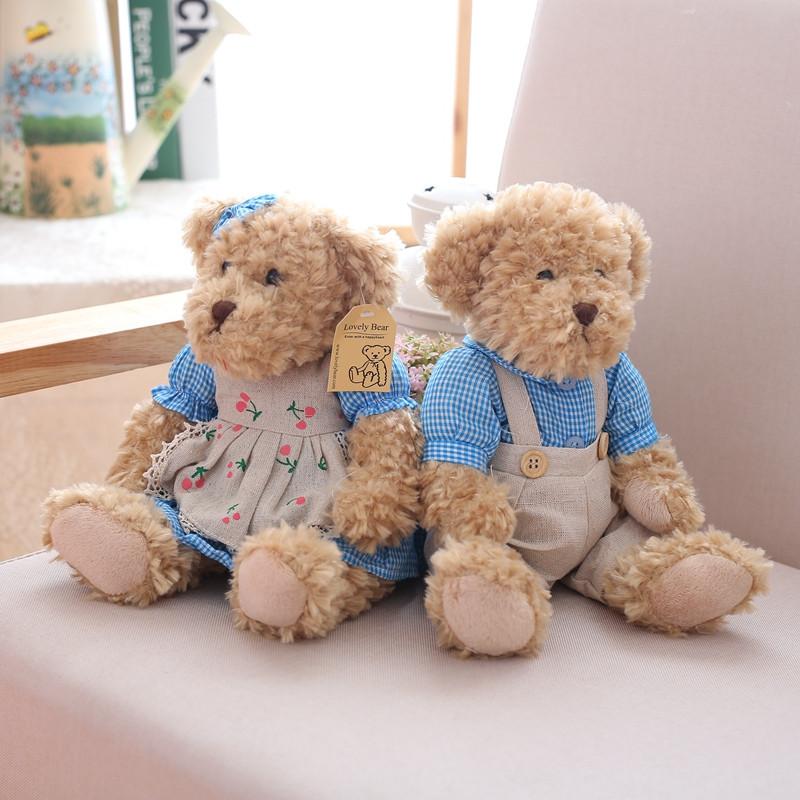 2pcs/pair 26cm Lovely Couple Teddy Bear With Clothes Dolls Stuffed Animal Bear Plush Toy Kids Baby Children Girl Birthday Gift