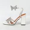 Women's new butterfly decorative rhinestone cross back strap square head open toe thick heel sandals women's shoes