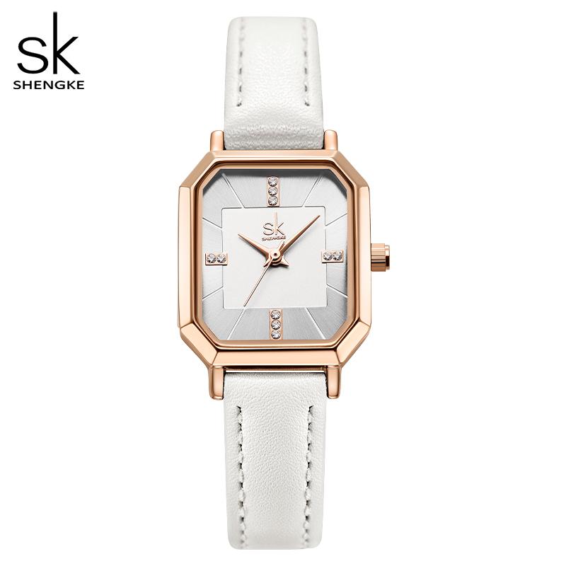 

Shengke модные женские часы с черным кожаным ремешком, лучшие роскошные женские кварцевые наручные часы Reloj Mujer Zegarek Damski белый
