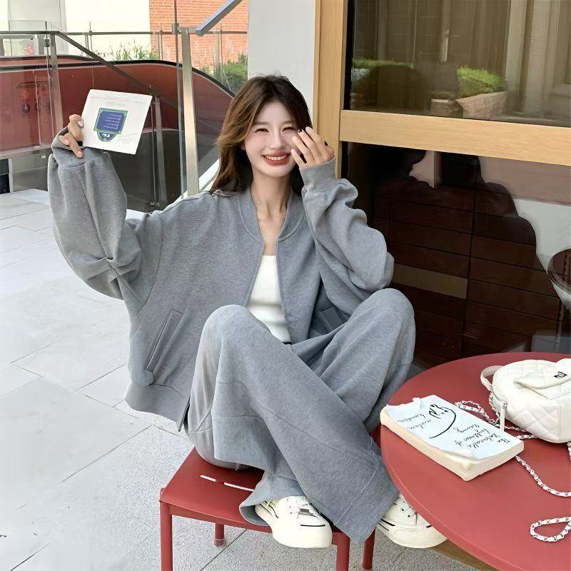 Plus Size Sports Suit Spring and Autumn Gray Suit Fashion Sweater Casual Lazy Sports Loose Two-piece Suit