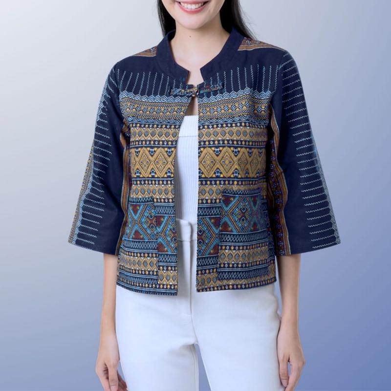 

ZANZEA Women Ethnic Print Casual Stand Collar 3/4 Sleeve Cardigan Blouse 5XL синій