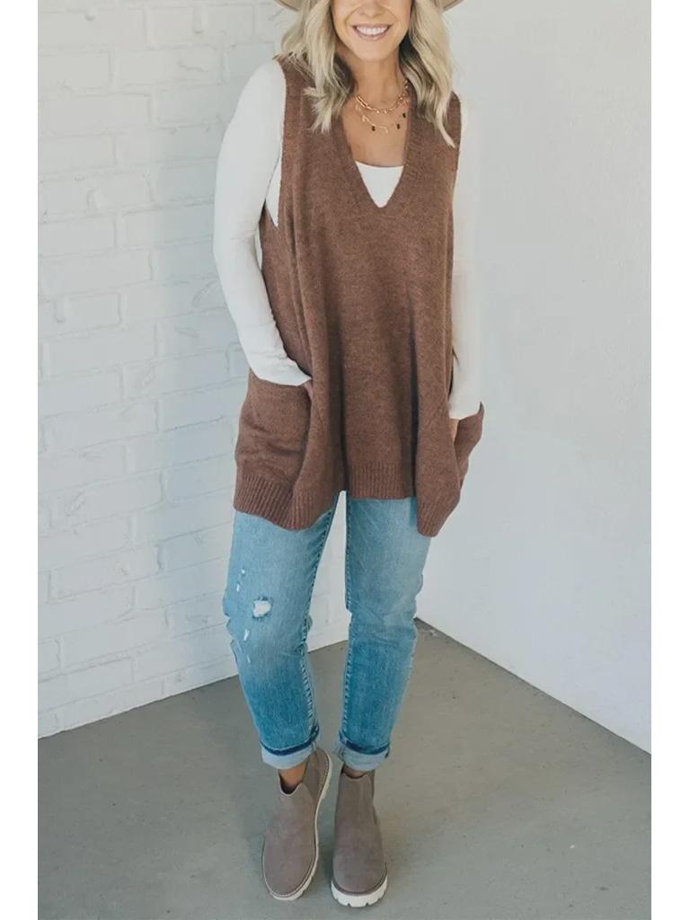 Herbst/Winter Einfarbiger V-Ausschnitt Taschen Strickweste Pullover 2025