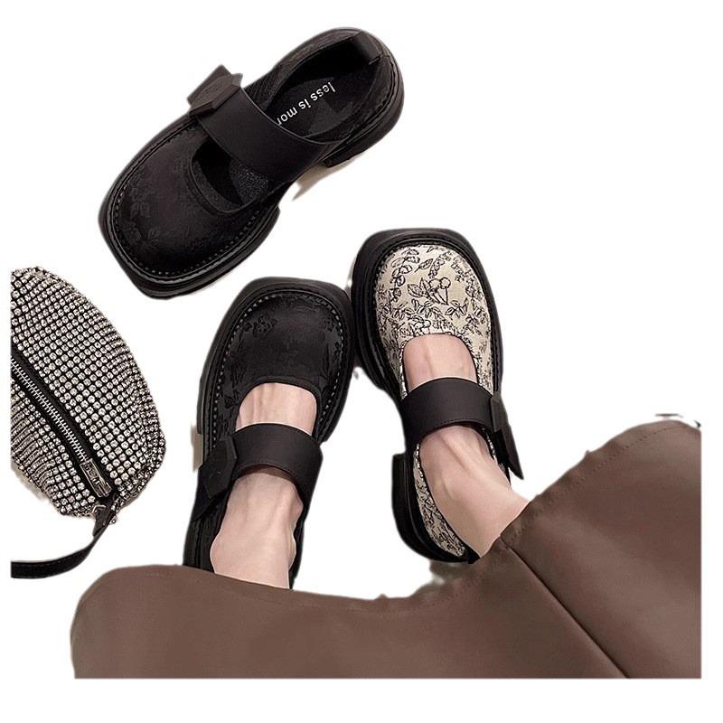 National style new Chinese loafers women's new spring and autumn thick heel printed single shoes platform Mary Jane small leather shoes