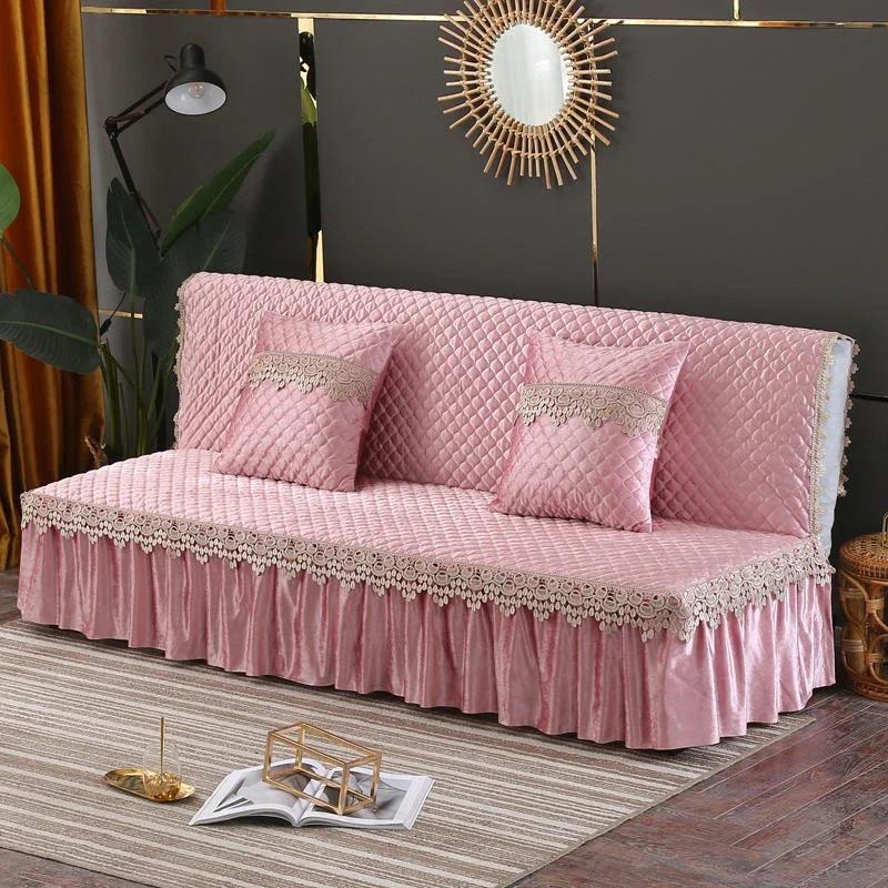 

Большой чехол для дивана-кровати без подлокотника с юбкой для гостиной, роскошный кружевной бархатный толстый плюш, 2-3-местный чехол для дивана-футона 120cm розовый