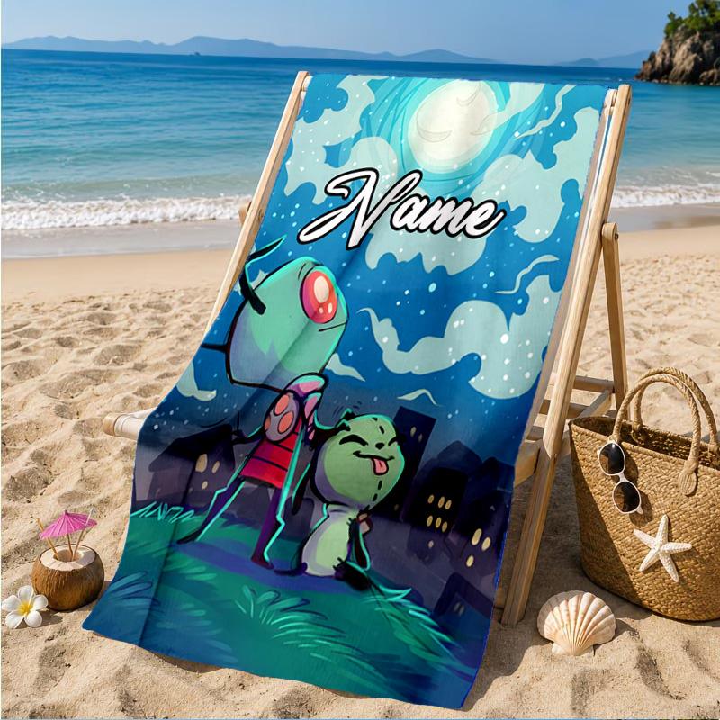 Custom Name Alien Expressions Collection Heart In Space Adventure Microfiber Beach Towel, Lightweight for Summer Travel, Swimming Pool Fan Gift