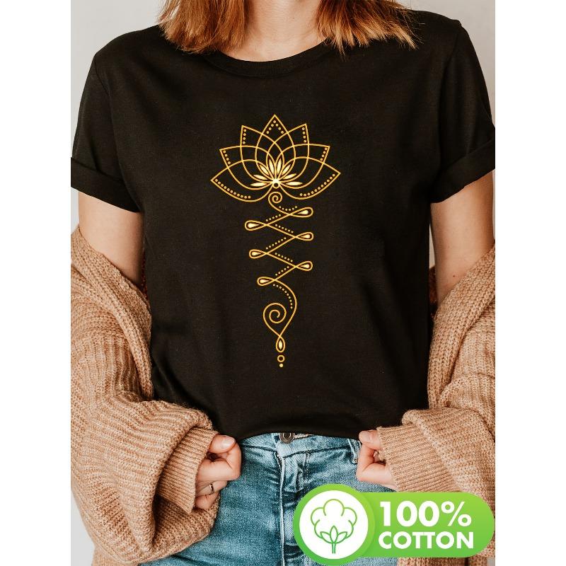 

Golden Dotted Lotus Print T-Shirt, Short-Sleeved Crew Neck Casual Top for Spring and Summer, Women S Apparel S чёрный