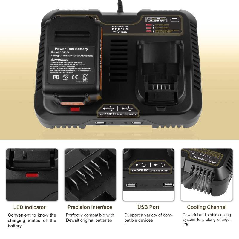 DCB102 Dual-Port Rapid Charger Replacement Charger Power Tool Battery Charger Compatible with For 20V Lithium Batteries