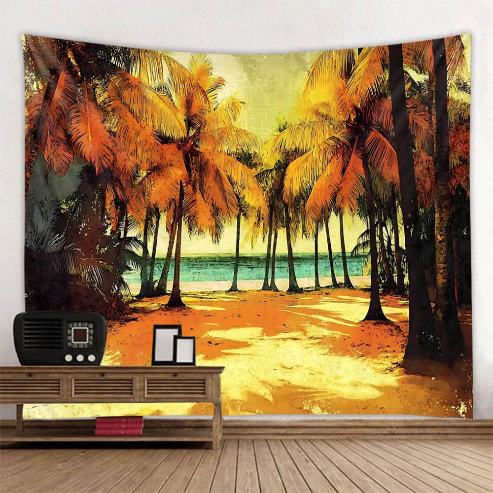 Coconut Tree Sunrise Tapestry Retro Sea View Oil Painting Art Wall Hanging Home Decoration Hippie Wall Background Poster