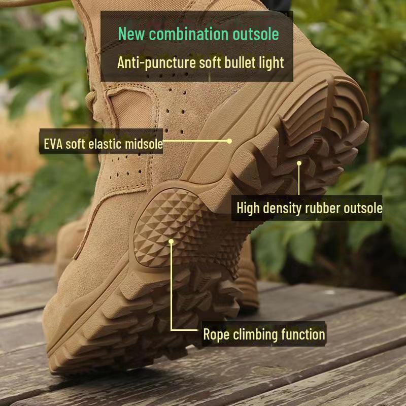 Men's Genuine Brown Leather Waterproof Combat Training Boots with Side Zipper - Sand Color for Outdoor, Mountaineering, and Desert Use.