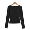 Spring and Autumn New Female European and American Style Spice Girls Solid Color Low Chest V-Neck Button Long Sleeve Bottom Shirt T-Shirt