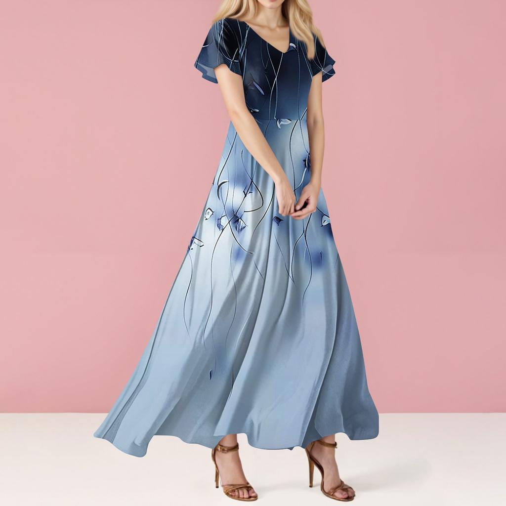 Women Casual Fashion Dress V Neck Short Sleeve Floral Print Maxi Dress Lightweight Summer Dress for Daily Wear