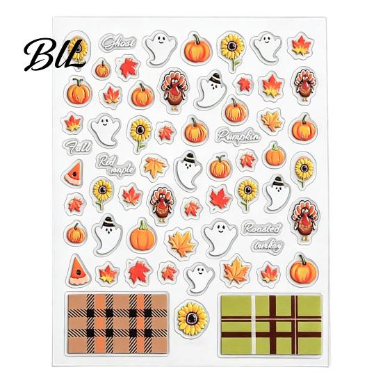 Fall Themed Nail Accessories Art Stickers for Halloween Thanksgiving, Autumn Turkey Pumpkin Maple Leaf Manicure Sticker, Embossed Waterproof Adhesive