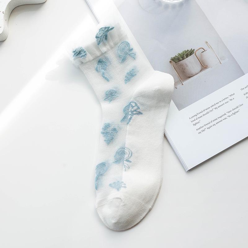 Love Heart Crystal Mid-Calf Glass Stockings with Cotton Sole and Lace - Japanese Style JK Women's Summer Socks.