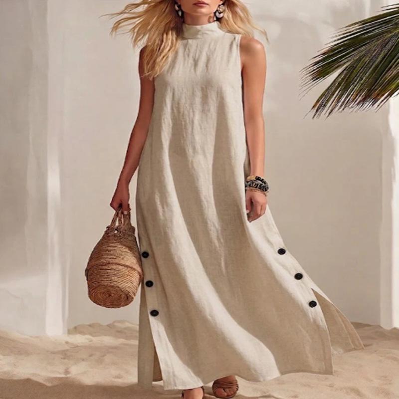 European and American Women's Clothing Summer New Product Stand-up Collar Sleeveless Button Split Cotton and Linen Dress