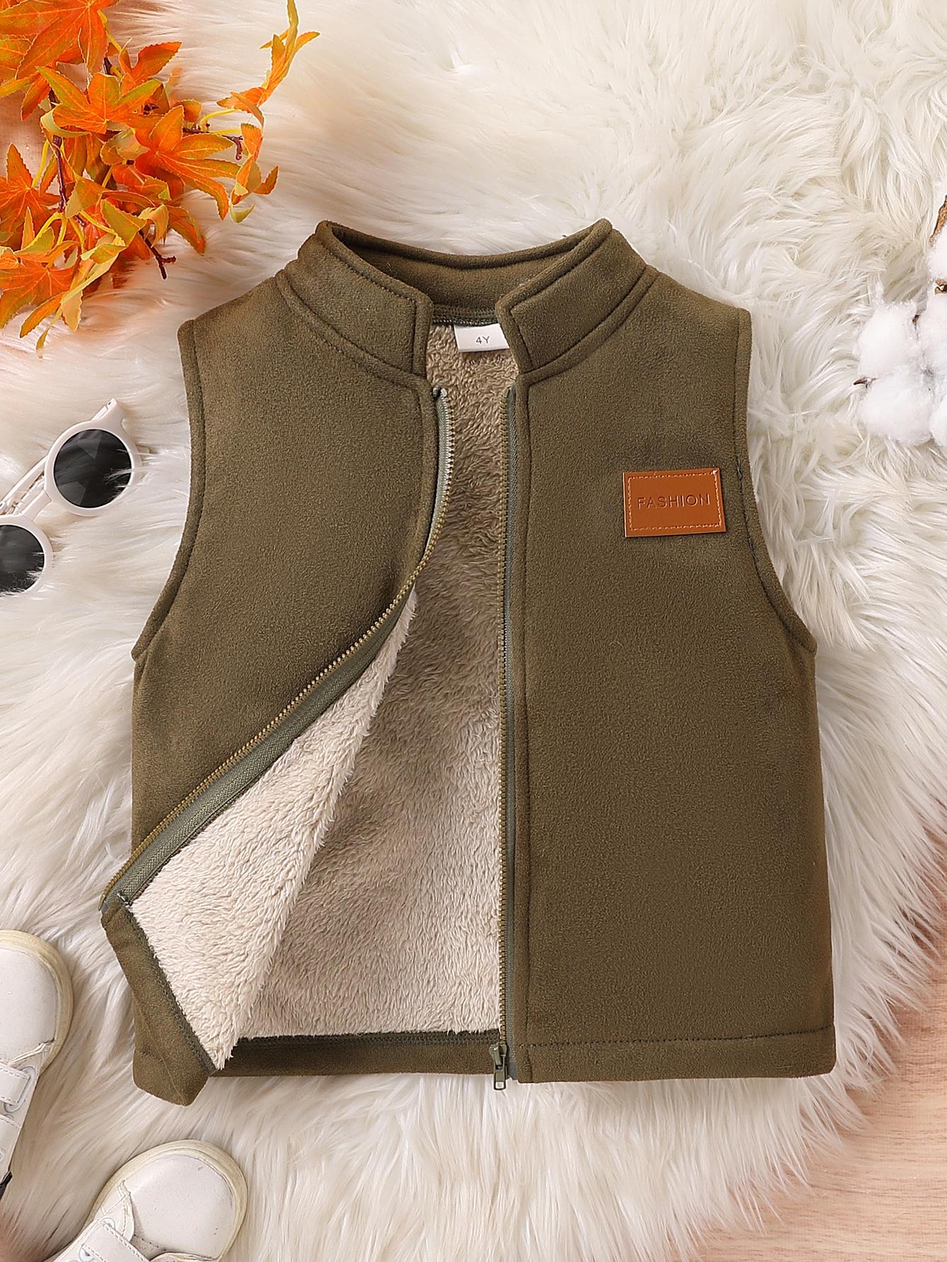 

Boys fashionable and casual fleece olive green vest with stand collar and zipper, suitable for ages 2-7 130 зелений