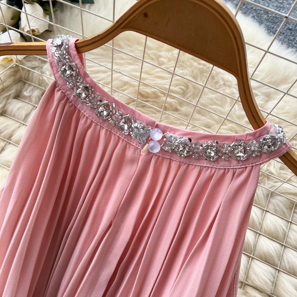 Elegant Beaded Studded Halter Strapless A-line Loose Dress for Women Sweet Pink Sleeveless Lace-up Pleated Dress Holiday Summer Dress